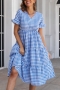 summer new 4 colors plaid printing non-stretch v-neck casual midi dress_Black_Blue
