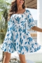 summer new three colors leaf batch printing non-stretch hollow out lace-up sexy vacation style mini dress (wearable front and back)_Blue