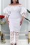 s-3xl plus size spring & summer new lace solid color patchwork stretch puff sleeve off-the-shoulder bodycon styish sexy midi dress_Black_White