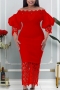 s-3xl plus size spring & summer new lace solid color patchwork stretch puff sleeve off-the-shoulder bodycon styish sexy midi dress_Black_White_Purple_Red