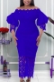 s-3xl plus size spring & summer new lace solid color patchwork stretch puff sleeve off-the-shoulder bodycon styish sexy midi dress_Black_White_Purple_Red_Blue