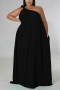 xl-4xl plus size summer new solid color inelastic single sleeve shirring swing stylish simple maxi dress_Black