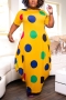 summer new 3 colors contrast color circle pattern batch printing strech short sleeve crew neck shirring swing irregular stylish casual maxi dress_Black_Red_Yellow