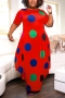 summer new 3 colors contrast color circle pattern batch printing strech short sleeve crew neck shirring swing irregular stylish casual maxi dress_Black_Red