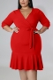 l-4xl plus size summer new 3 colors solid color stretch three-quarter sleeve deep-v-neck ruffle tie-waist stylish simple midi dress(with belt)_Black_White_Red