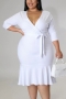 l-4xl plus size summer new 3 colors solid color stretch three-quarter sleeve deep-v-neck ruffle tie-waist stylish simple midi dress(with belt)_Black_White