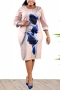 2xl-6xl plus size summer new floral & stripe fixed printing micro-elastic three-quarter sleeve crew neck slit zip-up slim stylish retro midi dress_Dark Green_Pink