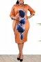 2xl-6xl plus size summer new floral & stripe fixed printing micro-elastic three-quarter sleeve crew neck slit zip-up slim stylish retro midi dress_Dark Green_Pink_Orange