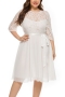 xl-5xl plus size summer new lace & chiffon patchwork inelastic three-quarter sleeve crew neck lace up swing stylish elegant midi dress(with belt & lining)_White