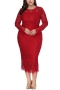 xl-6xl plus size spring & summer new lace solid color patchwork inelastic long sleeve crew neck slim zip-up stylish high quality sexy midi dress(with lining)_Black_White_Red
