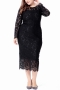 xl-6xl plus size spring & summer new lace solid color patchwork inelastic long sleeve crew neck slim zip-up stylish high quality sexy midi dress(with lining)_Black