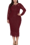 xl-6xl plus size spring & summer new lace solid color patchwork inelastic long sleeve crew neck slim zip-up stylish high quality sexy midi dress(with lining)_Black_White_Red_Rose Red