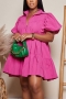 summer new stylish 4 colors solid color inelastic single-breasted puff sleeves loose casual mini dress_Black_White_Magenta