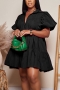 summer new stylish 4 colors solid color inelastic single-breasted puff sleeves loose casual mini dress_Black