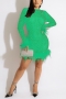 s-3xl plus size autumn new stylish four colors rhinestone crew neck long sleeve feather decor stretch slim high quality sexy mini dress_Black_Blue_Orange_Green