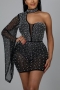 s-3xl plus size summer new stylish one shoulder long sleeve rhinestone pearl decor mesh stitching stretch high quality sexy mini dress_Black