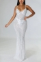 s-2xl summer new plus size 4 colors rhinestone decor see through mesh stretch underwire backless zip-up sling sexy maxi dress (without panties)_Black_White