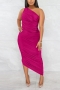 summer new stylish solid color 4 colors plus size slight stretch one shoulder pleated slim casual maxi dress_Black_White_Purple_Magenta