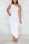summer new stylish solid color 4 colors plus size slight stretch one shoulder pleated slim casual maxi dress_Black_White