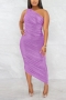 summer new stylish solid color 4 colors plus size slight stretch one shoulder pleated slim casual maxi dress_Black_White_Purple