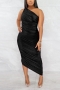 summer new stylish solid color 4 colors plus size slight stretch one shoulder pleated slim casual maxi dress_Black