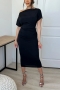 summer new stylish 5 colors simple solid color slight stretch plus size slim casual midi dress_Black