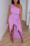 summer new stylish 3-colors simple solid color slight stretch one-shoulder irregular lace-up plus size casual maxi dress_Black_Purple