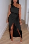 summer new stylish 3-colors simple solid color slight stretch one-shoulder irregular lace-up plus size casual maxi dress_Black