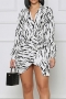 autumn new stylish zebra batch printing slight stretch lace up zip-up plus size irregular sexy mini dress_Black_White