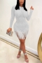 s-3xl plus size summer new stylish rhinestone decor crew neck long sleeve stretch tassels decor hem high quality sexy mini dress_Black_White