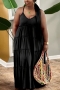 xl-5xl plus size summer new stylish 6 colors solid color sling loose pleated slight stretch backless casual maxi dress_Black