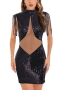 summer new 3 colors mesh sequin patchwork stretch tassel decor zip-up stylish sexy mini dress_Black