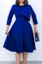 s-3xl plus size spring new 3 colors stretch solid color crew neck back zip-up casual midi dress_Rose Red_Dark Blue