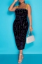 summer new stretch rhinestone decor sling backless split slim stylish midi dress_Black
