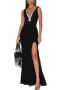 summer new stylish rhinestone v-neck high slits plus size backless zip-up slight stretch high quality sexy maxi dress_Black