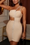 summer new rhinestone chain decor stretch hollow one shoulder zip-up bodycon backless stylish sexy mini dress_Black_Beige