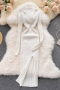 autumn new stylish ten colors solid color v-neck lapel long sleeve stretch knitting slim slit sexy midi dress_Black_White
