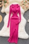 autumn new stylish ten colors solid color v-neck lapel long sleeve stretch knitting slim slit sexy midi dress_Black_White_Rose Red_Sky Blue_Brown_Pink_Magenta