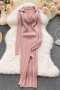 autumn new stylish ten colors solid color v-neck lapel long sleeve stretch knitting slim slit sexy midi dress_Black_White_Rose Red_Sky Blue_Brown_Pink