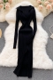 autumn new stylish ten colors solid color v-neck lapel long sleeve stretch knitting slim slit sexy midi dress_Black
