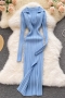 autumn new stylish ten colors solid color v-neck lapel long sleeve stretch knitting slim slit sexy midi dress_Black_White_Rose Red_Sky Blue