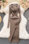 autumn new stylish ten colors solid color v-neck lapel long sleeve stretch knitting slim slit sexy midi dress_Black_White_Rose Red_Sky Blue_Brown