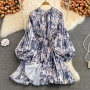 autumn new stylish three colors batch printing crew neck button puff long sleeve inelastic high quality casual midi dress_Beige_Blue