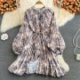 autumn new stylish three colors batch printing crew neck button puff long sleeve inelastic high quality casual midi dress_Beige