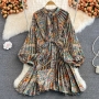 autumn new stylish three colors batch printing crew neck button puff long sleeve inelastic high quality casual midi dress_Beige_Blue_Multicolor