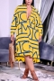 l-4xl plus size spring & summer new letter & stripe batch printing micro-elastic long sleeve turndown collar single breasted irregular stylish sexy midi dress_Yellow