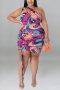 xl-5xl plus size summer new 4 colors slight stretch one shoulder drawstring slim tie dye batch printing sexy mini dress_Purple_Blue_Pink_Magenta