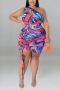 xl-5xl plus size summer new 4 colors slight stretch one shoulder drawstring slim tie dye batch printing sexy mini dress_Purple