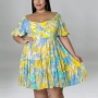 xl-5xl plus size summer new 3 colors tie dye batch printing slight stretch loose pleated casual midi dress_Blue