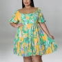 xl-5xl plus size summer new 3 colors tie dye batch printing slight stretch loose pleated casual midi dress_Blue_Pink_Green
